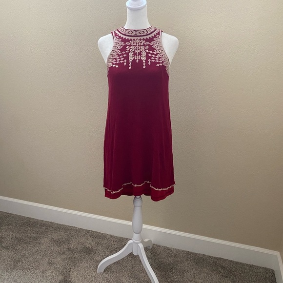 Alya Elegant Dark Red Embroidered Sleeveless Halter Dress. Tie back. Size XS. - Picture 2 of 11